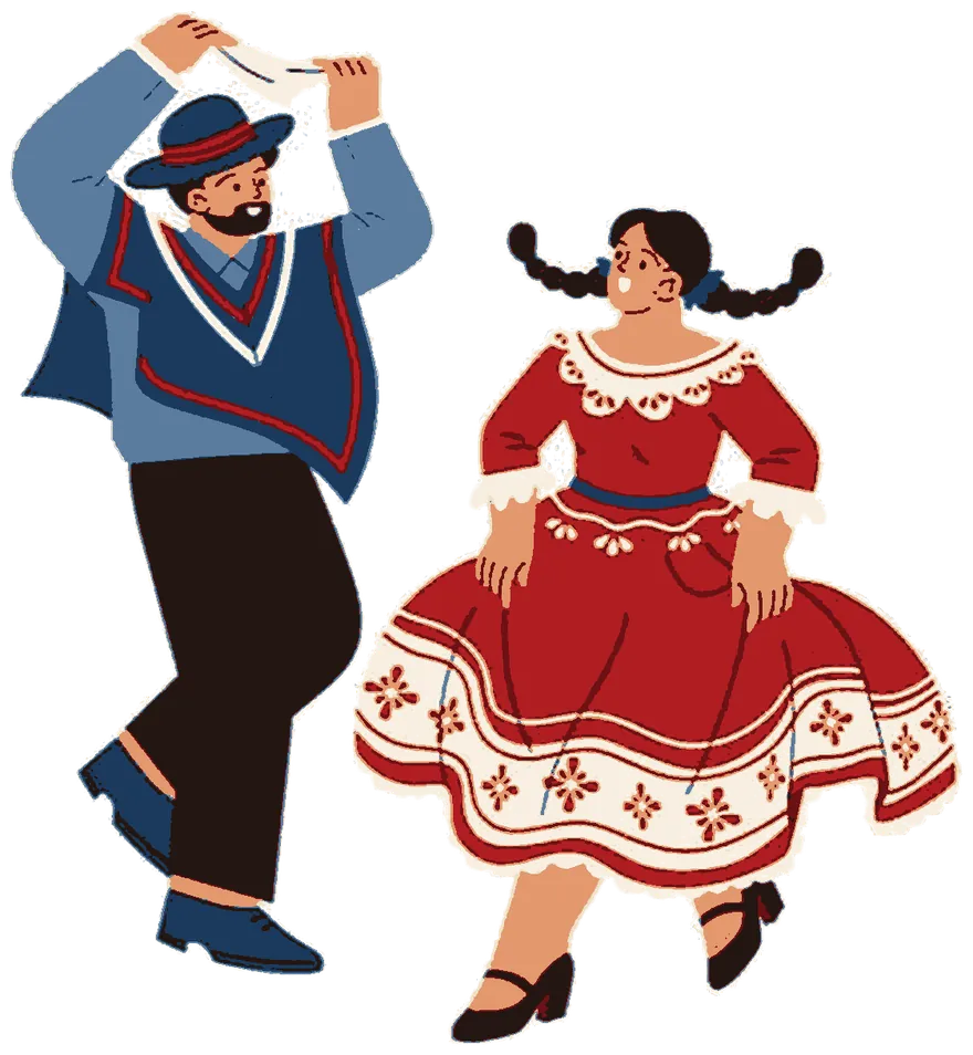 Pareja bailando cueca: huaso con manta y pañuelo en alto junto a una china de vestido floreado
