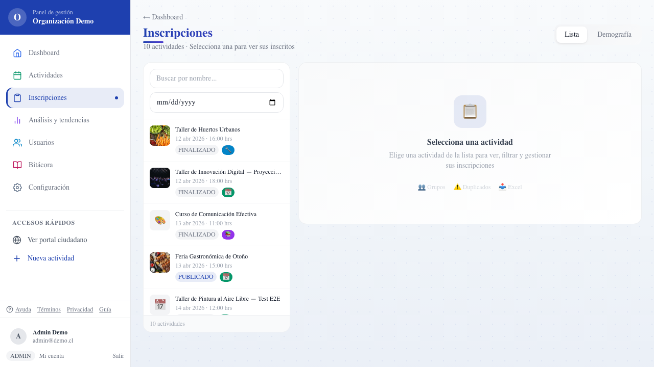 Panel de inscripciones y gestión de certificados en meAnoto